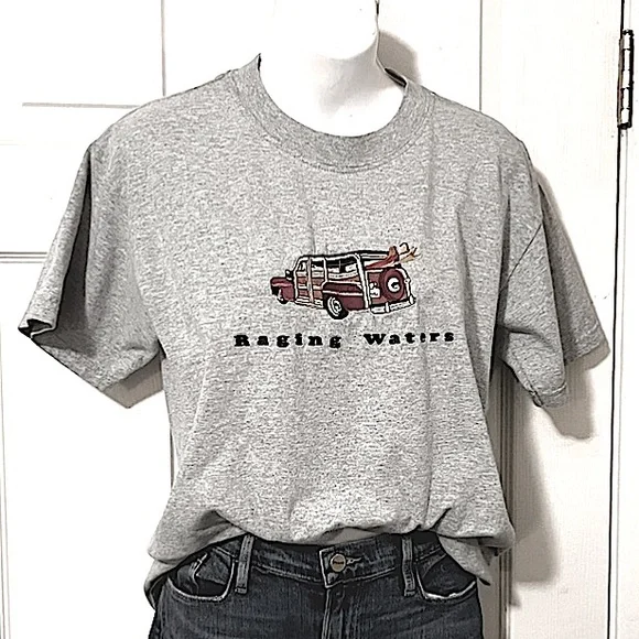 Raging Waters Embroidered Woodie Station Wagon Surfboard Gray Crewneck T Shirt